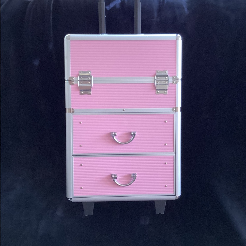 4 tier pink makeup train case with trays